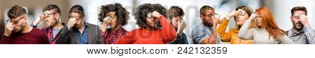 Group of people with sleepy expression, being overworked and tired, rubbes nose because of weariness