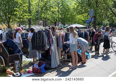 Copenhagen, Denmark - May 13, 2018: People At A Flea Market In Stefansgade In Norrebro District