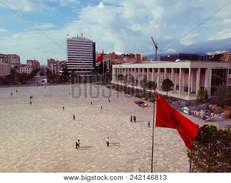 Tirana, Albania. May 2018: Panoramic View Of Newly Renocated Skanderbeg Square Capital City Center..