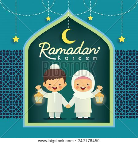 Ramadan Greeting Card. Cute Cartoon Muslim Kids Holding Lantern With Crescent Moon And Stars On Blue