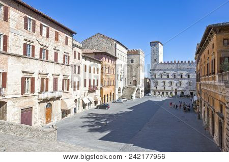 Todi, Italy - May 19, 2009: The Del Popolo Square With The Del Capitano (left), Del Popolo  And Dei 