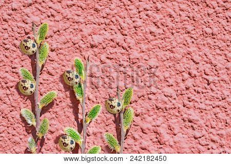 Spring Bouquet Of Yellow Primroses Willow Branches, Abstract Festive Easter Background, Top View, Co