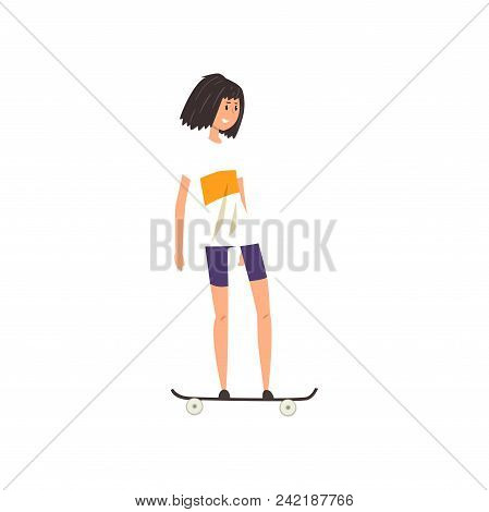 Smiling Teen Girl Scateboarding, Active Healthy Lifestyle Concept Cartoon Vector Illustration Isolat