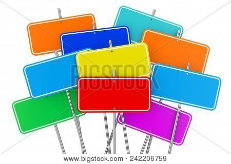 Collection Of Many Colorful Blank Signposts On A White Background. 3d Rendering