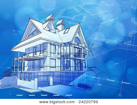 Design architettura ecologia: casa, piani di & blu sfondo bokeh. Bitmap copiare mio vector ID 79985983