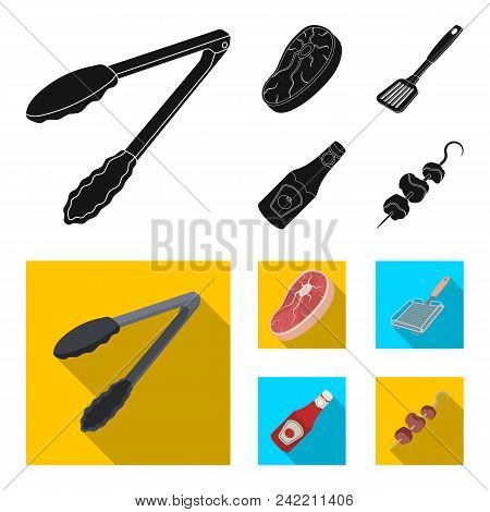 Raw Meat Steak, Grill With Handle, Bottle Of Ketchup, Shish Kebab.bbq Set Collection Icons In Black,