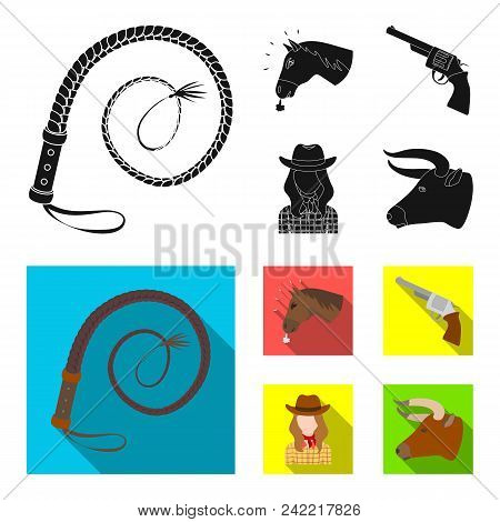 Head Of A Horse, A Bull Head, A Revolver, A Cowboy Girl.rodeo Set Collection Icons In Black, Flat St