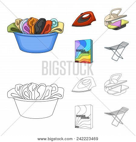 A Bowl With Laundry, Iron, Ironing Press, Washing Powder. Dry Cleaning Set Collection Icons In Carto