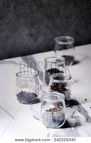 Variety Of Different Black Peppers Allspice, Pimento, Long Pepper, Monks Pepper, Peppercorns And Gro