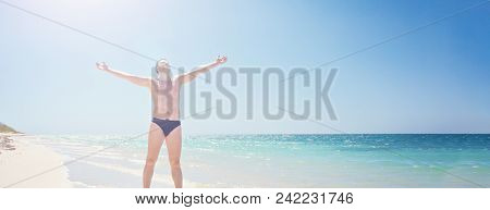 Happy Man On Beach. Rejoices To A Victory Success, Hands Up. Cuba, Playa Ankon Trinidad Caribbean Se