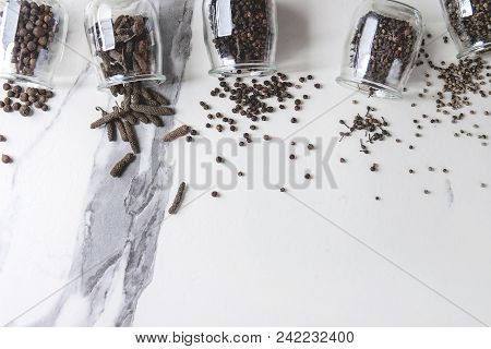Variety Of Different Black Peppers Allspice, Pimento, Long Pepper, Monks Pepper, Peppercorns And Gro