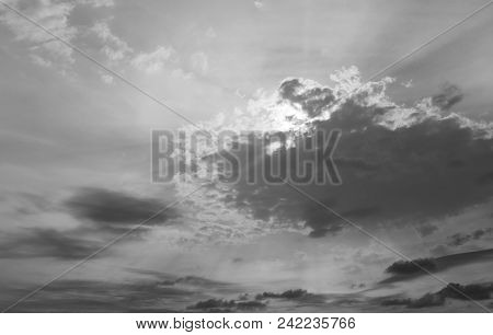 Majestic Sky, Rainy Clouds And Sun With Rays.
