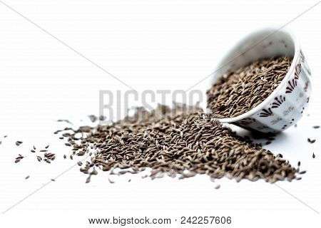 Common Cumin Or Zeera Or Jeera In A Bowl Isolated On White.