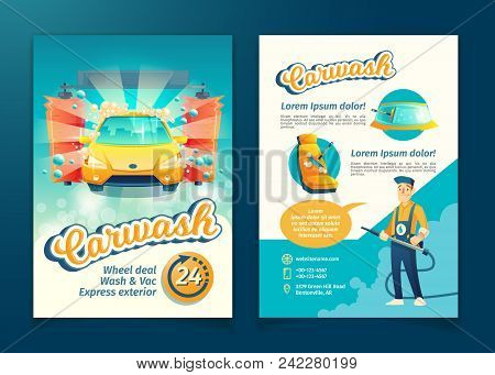 Vector Automatic Car Washing Flyer, Ad Banner Of Service With Cartoon Character. Promotion Poster Of