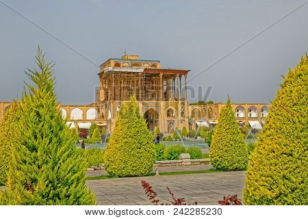 Isfahan, Iran - May 7, 2015: Ali Qapu Palace In Renovation On Famous Imam Square.