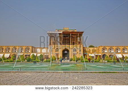 Isfahan, Iran - May 7, 2015: Frontal View Of The Ali Qapu Palace In Renovation At The Imam Square.