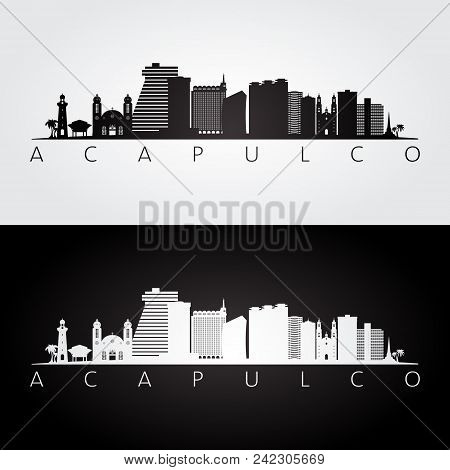 Acapulco Skyline And Landmarks Silhouette, Black And White Design, Vector Illustration.