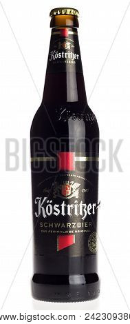 Groningen, Netherlands - December 19, 2017: Bottle Of Kostritzer Black Beer Isolated On A White Back