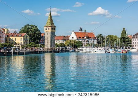 Germany, Lindau - August 21: View Of The Mangturm Tower, The Embankment And Port Of Lindau At Lake C