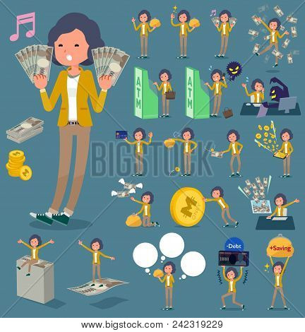 Set Of Various Poses Of Flat Type Yellow Jacket Middle Women_money