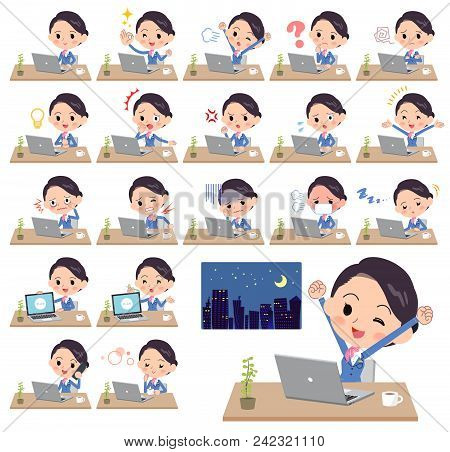 Set Of Various Poses Of Cabin Attendant Blue Women_desk Work