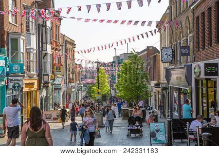 Windsor, Uk - May 5, 2018: High Street Of Windsor, Decorated With Flags And Lots Of People. Tourists