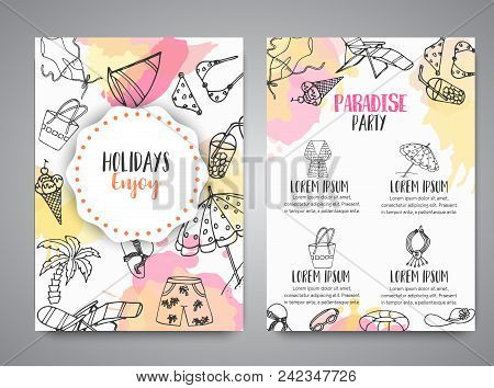 Summer Hand Drawn Brochure. Beach Doodle Elements. Vacation And Trevel To The Sea Sketch Vector Illu