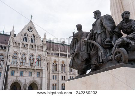 Budapest, Hungary - May 14, 2018: Tisaza Istvan Monument near by the Hungarian Parliament in Budapes