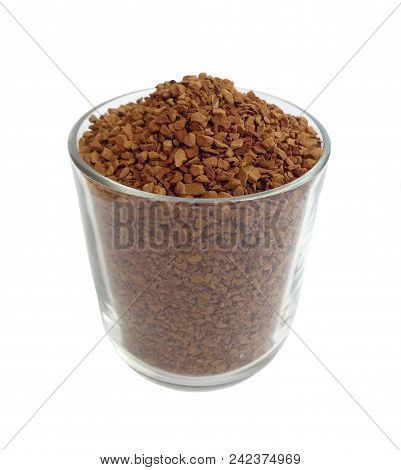 Transparent Glass Cup Filled With Instant Coffee Granules Isolated On White Background