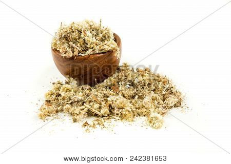 Dried Mullein Leaf Tea In A Bowl Isolated On A White Background