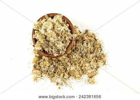 Dried Mullein Leaf Tea In A Bowl Isolated On A White Background