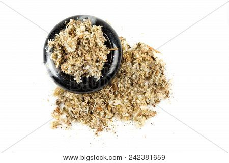 Dried Mullein Leaf Tea In A Bowl Isolated On A White Background