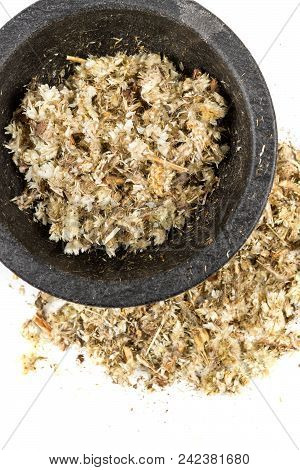 Dried Mullein Leaf Tea In A Bowl Isolated On A White Background