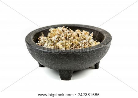 Dried Mullein Leaf Tea In A Bowl Isolated On A White Background