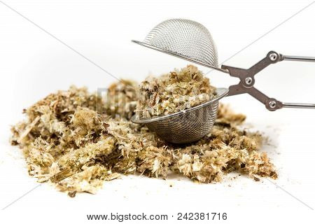 Dried Mullein Leaf Tea In An Infuser Isolated On A White Background