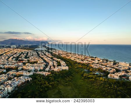 Aerial Landscape Photo Of Recreio Dos Bandeirantes Beach During Sunset, With Views Of Chico Mendes P