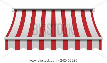 Red And White Awning Mockup. Realistic Illustration Of Red And White Awning Vector Mockup For Web De