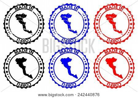 Made In Corfu - Rubber Stamp - Vector, Corfu(kerkyra) Map Pattern - Black, Blue And Red