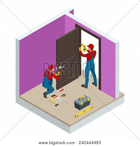 Isometric Handymans Installing A White Door With An Electric Hand Drill In A Room. Construction Buil