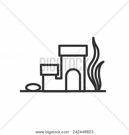 Black Isolated Outline Icon Of Aquariun Decoration On White Background. Line Icon Of Castle For Fish