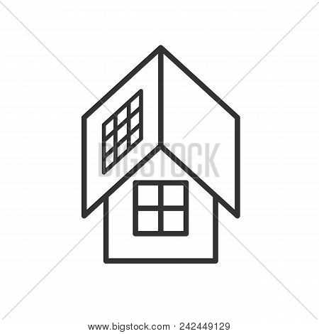 Black Isolated Outline Icon Of Eco House With Solar Panels On White Background. Line Icon Of Ecologi
