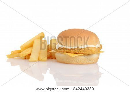 Fillet Fish Sandwich With French Fries On White