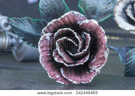Decorative Ornamen With Roses, Made From Metal. Details, Structure And Ornaments Of Forged Iron Gate