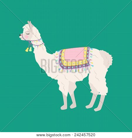 Llama Alpaka Illustration On The Green Background. Vector Illustration