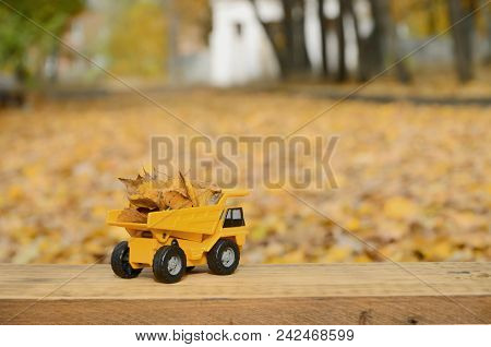 The Concept Of Seasonal Harvesting Of Autumn Fallen Leaves Is Depicted In The Form Of A Toy Yellow T