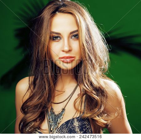 Young Cute Blonde Woman On Green Palm Background Smiling Happy, Lifestyle Peole Concept Close Up