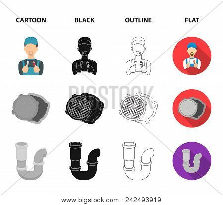 Sewage Hatch, Tool, Radiator.plumbing Set Collection Icons In Cartoon, Black, Outline, Flat Style Ve