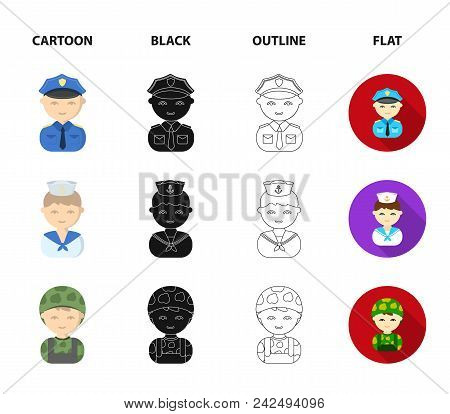 Sailor, Soldier, Scientist, Builder.profession Set Collection Icons In Cartoon, Black, Outline, Flat