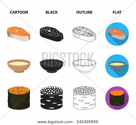 Bowl Of Soup, Caviar, Shrimp With Rice. Sushi Set Collection Icons In Cartoon, Black, Outline, Flat 