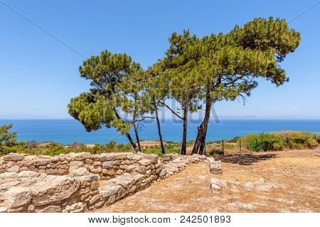 Ancient Ruins With Tree Overlloking Sea In City Of Kamiros Located In The Northwest Of The Island Of